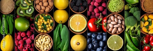 Foto A mosaic of a variety of fruits, vegetables and legumes in an orderly manner