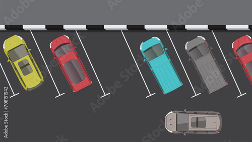top view flat cartoon of car vehicle in parking lot or parking spot beside road