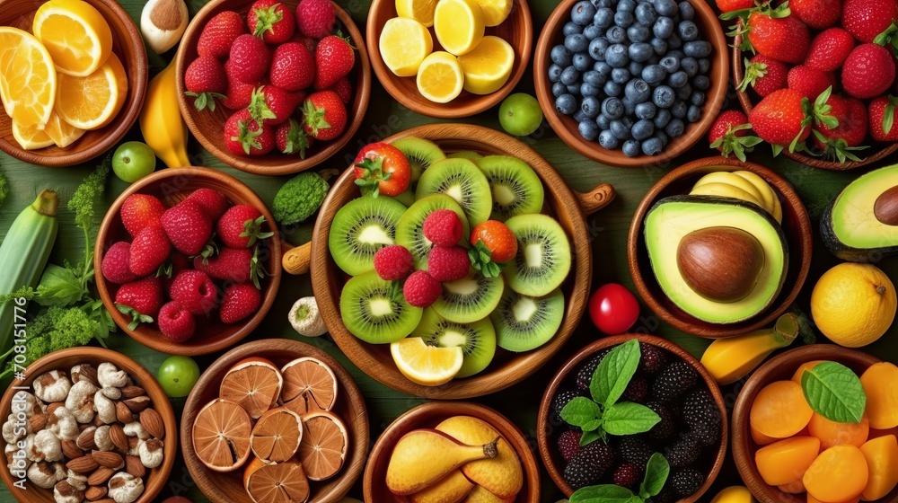 A variety of bright and fresh fruits, berries and nuts, neatly distributed in wooden bowls on a green background. Concept: Healthy food for a diet menu. Vitamins and microelements
A variety of bright and fresh fruits, berries and nuts, neatly distributed in wooden bowls on a green background. Concept: Healthy food for a diet menu. Vitamins and microelements
