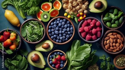 A variety of bright and fresh fruits  berries and nuts  neatly distributed in wooden bowls on a green background. Concept  Healthy food for a diet menu. Vitamins and microelements 