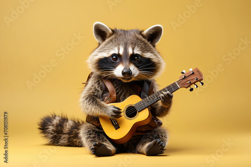 raccoon playing guitar on yellow background