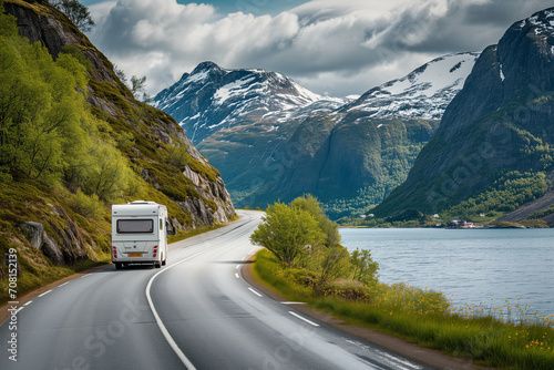 RV Camper Van on the Scenic Norwegian Mountain Road photo