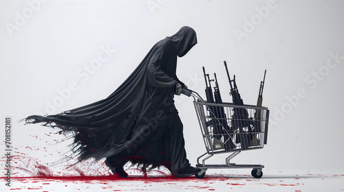 Grim reaper, death pushing a shopping cart full of fictional automatic rifles. He leaves behind a trail of blood. Concept of symbolic criticism of the uncontrolled sale of firearms and violence. photo