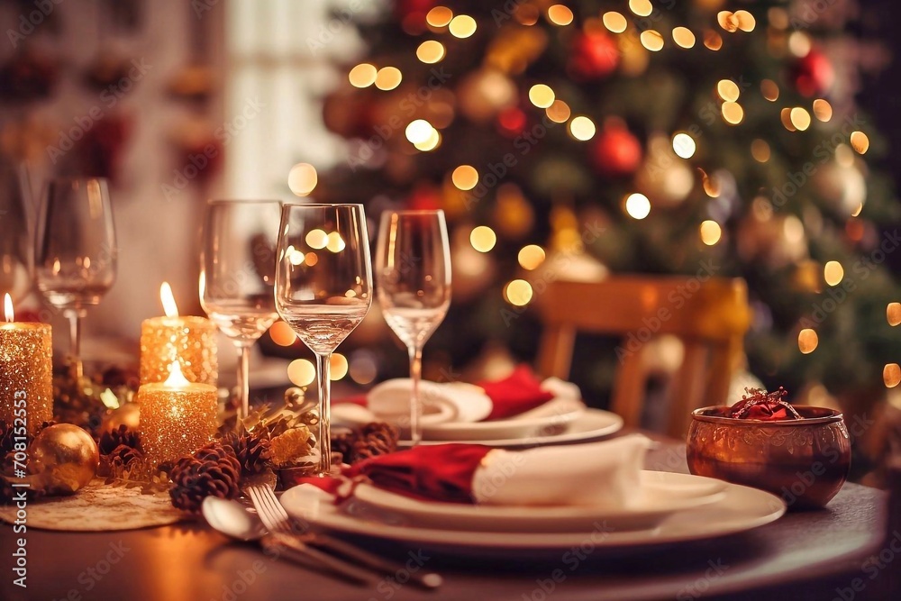 Beautiful table setting for Christmas dinner in room decorated with Christmas tree