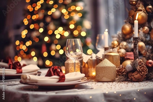 Festive table setting with Christmas tree and lights in the background.