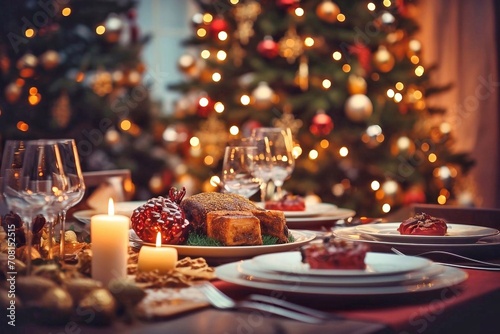 Christmas table setting with Christmas tree at background. Selective focus.