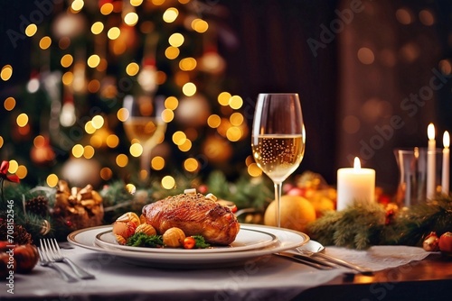 Christmas dinner with roasted turkey and glass of wine on table in decorated room