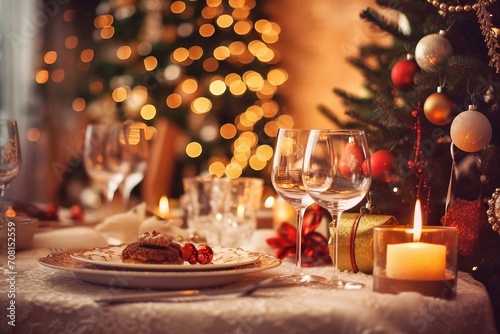 Table served for Christmas dinner in decorated living room with christmas tree
