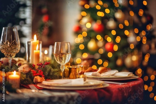 Christmas table setting with candles, plates and cutlery on wooden table