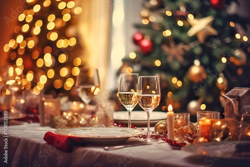 Christmas table setting with glasses of wine and christmas tree on background