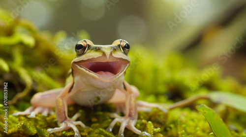 Gliding frog look like laughing on moss  Flying frog laughing. Generative Ai