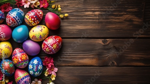 top view of a a colorful easter eggs on a wooden background with copy space