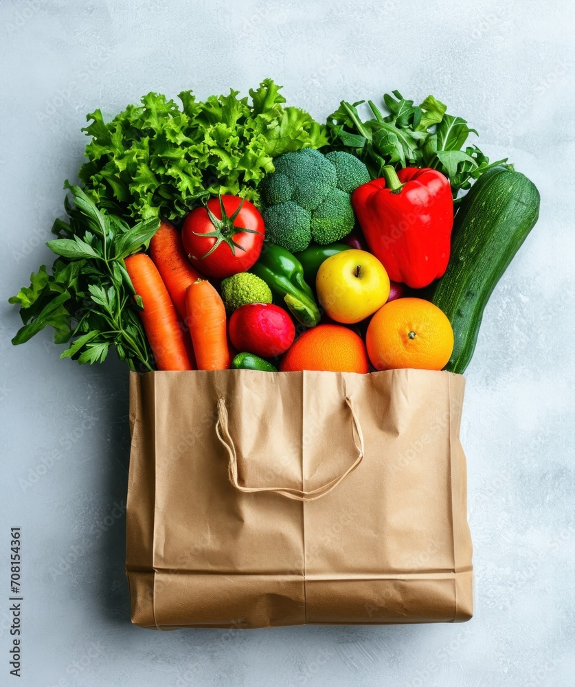 Presenting a paper bag brimming with fresh fruit and vegetables Presenting a paper bag brimming with fresh fruit and vegetables