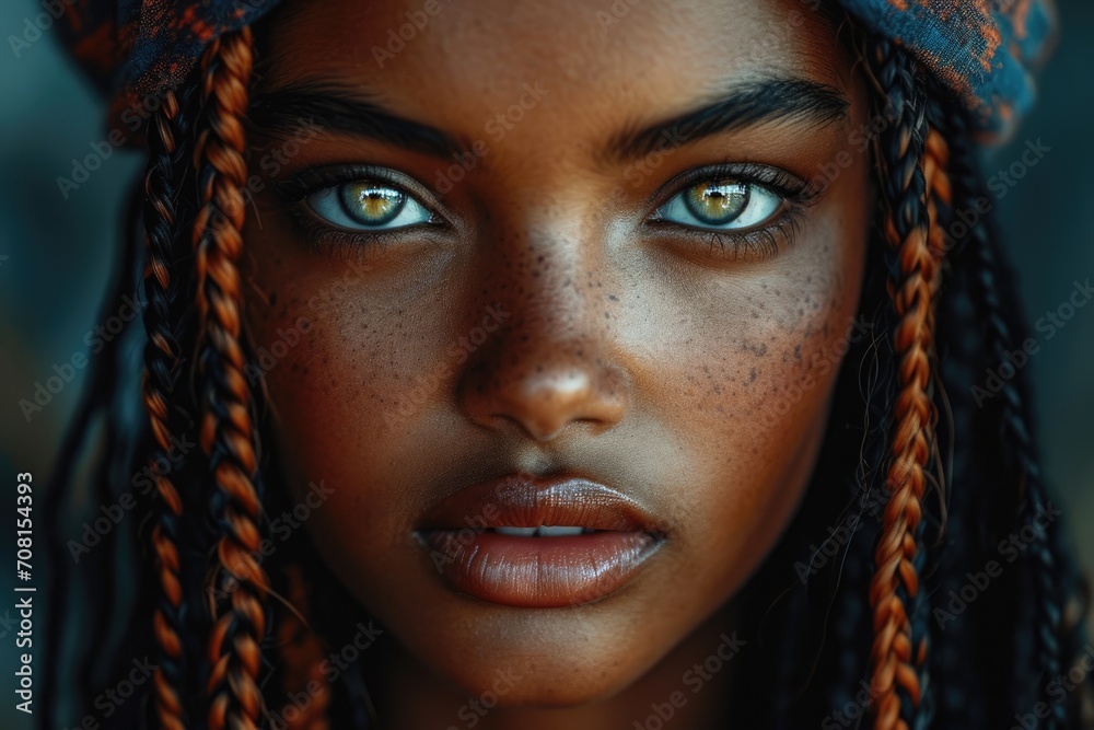 Beautiful eyes, beautiful face of a black woman in close-up portrait, bright colorful attractive young girl