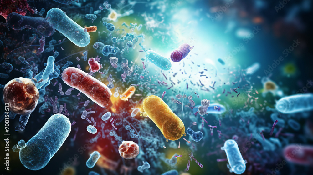 Probiotics and bacteria. 3D illustration of gramnegative rodshaped bacteria. Biology and