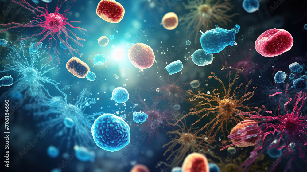 Digital illustration of virus in color background. Virus cells in medical background. Microscopic view. Abstract background for a body microbiome bacterium medical concept. Digital illustration of virus in color background. Virus cells in medical background. Microscopic view. Abstract background for a body microbiome bacterium medical concept.