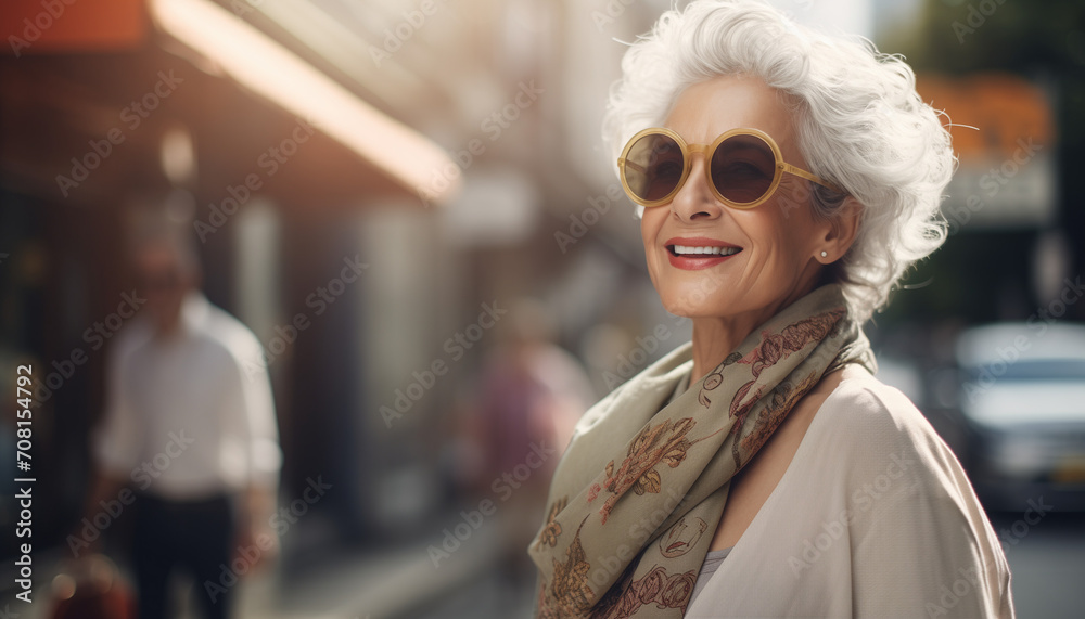 Obraz premium A happy elegant elderly woman in sunglasses walking outside