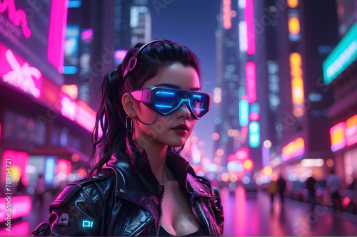 Woman character posing in front a dense cyberpunk city (random character 2)