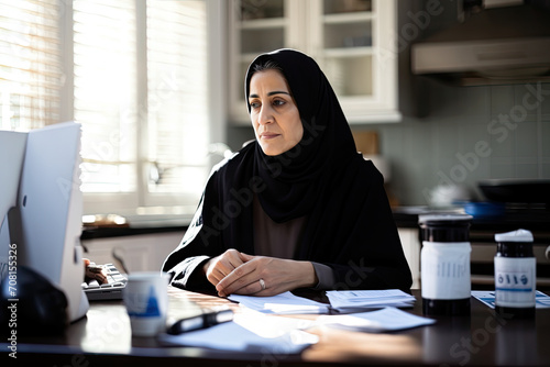 Muslim businesswoman in traditional attire, combining modern and traditional elements, working in an office setting. Portrait of an educated and successful individual.