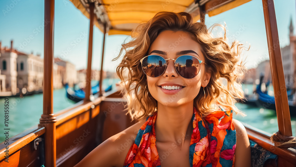 A girl in sunglasses and a sundress rides a gondola in Venice travel A girl in sunglasses and a sundress rides a gondola in Venice travel