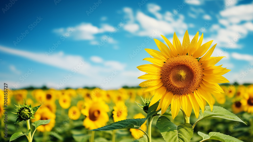 Sunflower field in summer sky blurred background