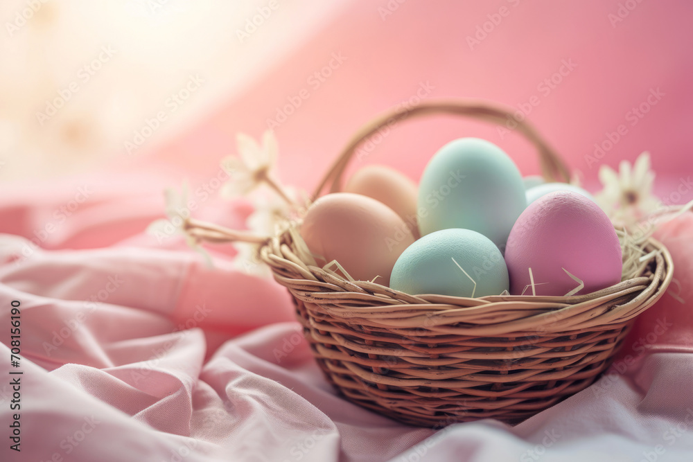 Colorful easter eggs in a basket on a pink background. Generative AI Colorful easter eggs in a basket on a pink background. Generative AI