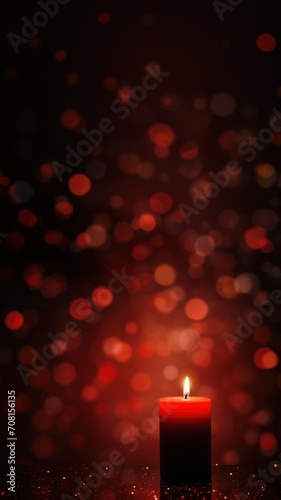 Serene Red Candle with Glowing Bokeh Background, Vertical Poster or Sign with Open Empty Copy Space for Text 