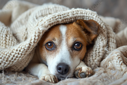 Dog under plaid. Pet warms under a blanket in cold winter weather. Pets friendly and care concept. Generative AI © barmaleeva