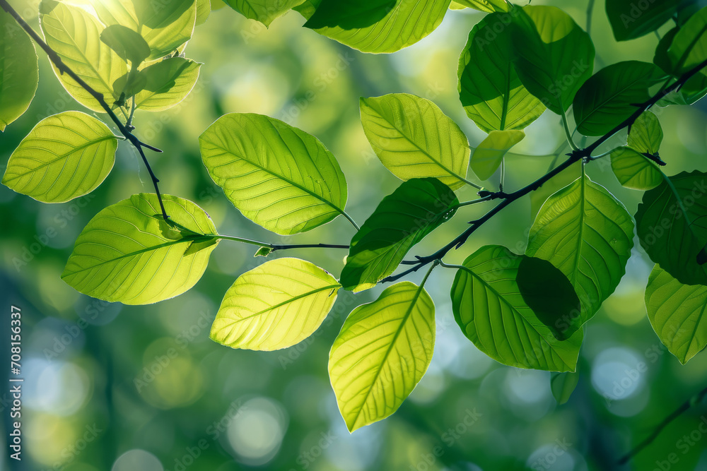 Close up shot of green leaves on a branch. Plants leaves using as spring background. Generative AI Close up shot of green leaves on a branch. Plants leaves using as spring background. Generative AI