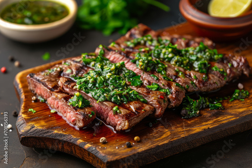 Homemade grilled steak with chimichurri sauce and spices. Generative AI photo