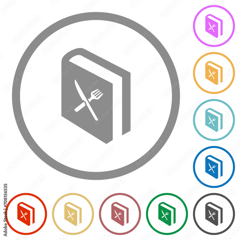 Cookbook with knife and fork flat icons with outlines
