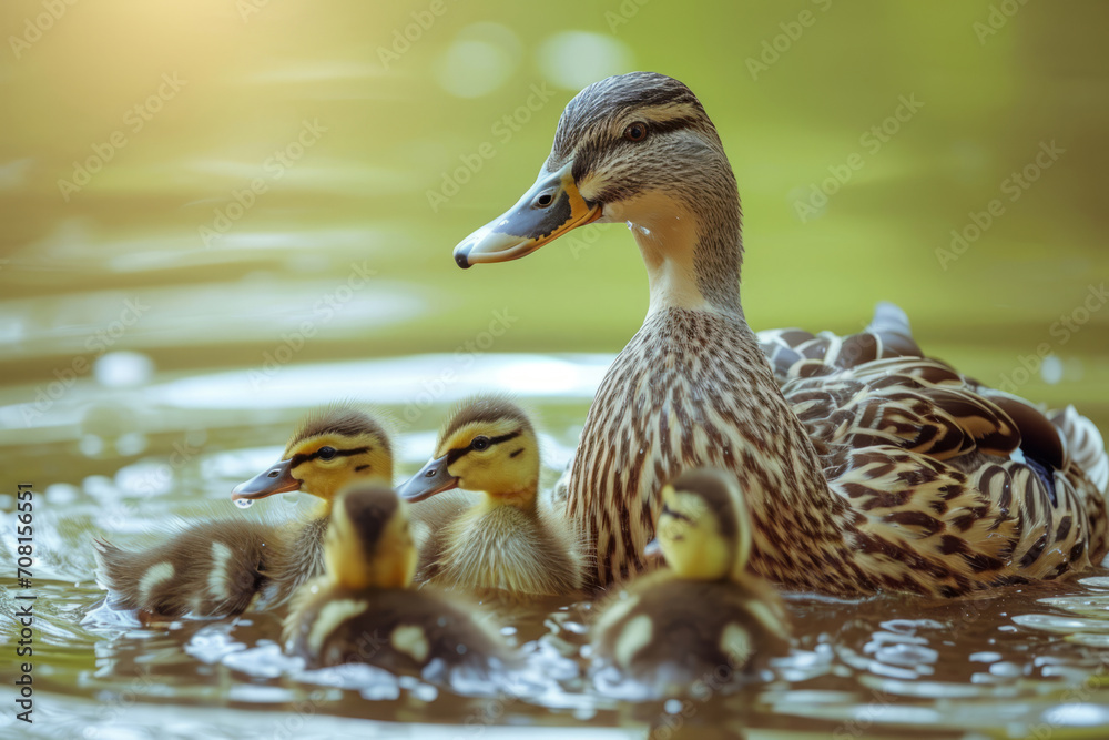 Mother duck and her ducklings in a pond. Generative AI Mother duck and her ducklings in a pond. Generative AI
