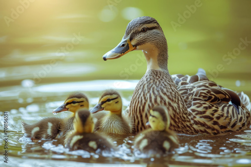 Mother duck and her ducklings in a pond. Generative AI