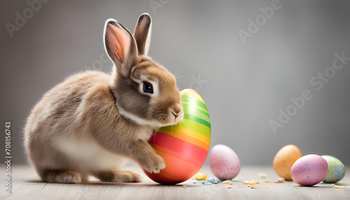 Easter rabbit with painted eggs on clean background. Easter holiday concept. © STOCKIFY