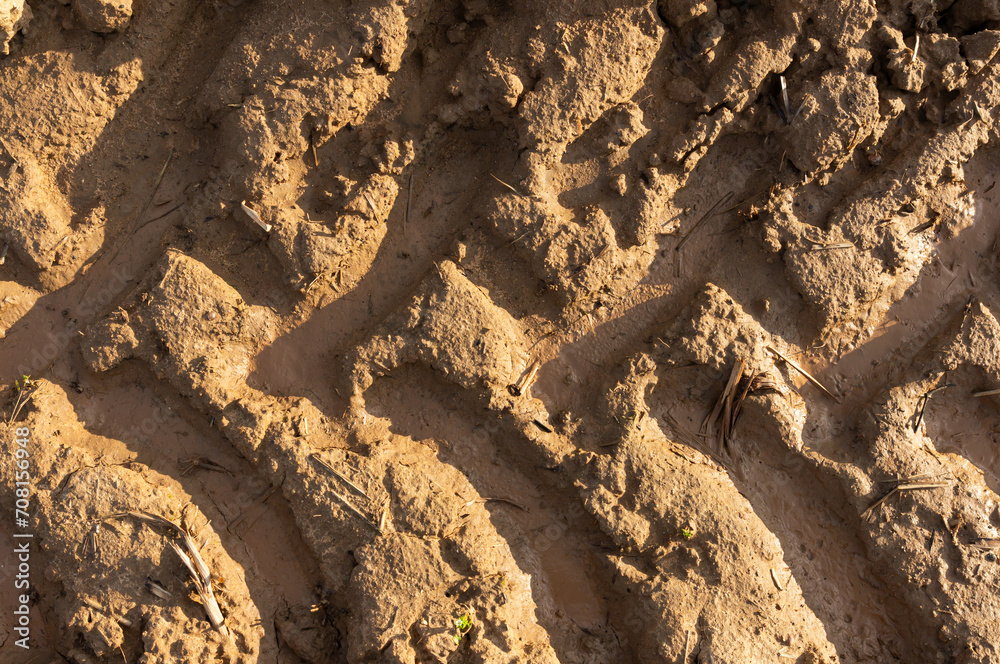 Tillage Echoes: Background or Texture of Agricultural Tractor Track on Moist Soil. Tillage Echoes: Background or Texture of Agricultural Tractor Track on Moist Soil.