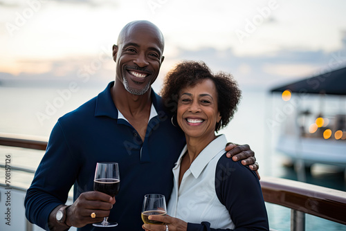 A happy, mature couple enjoys togetherness, smiles, and wine by the sea, embracing the joy of retirement. photo