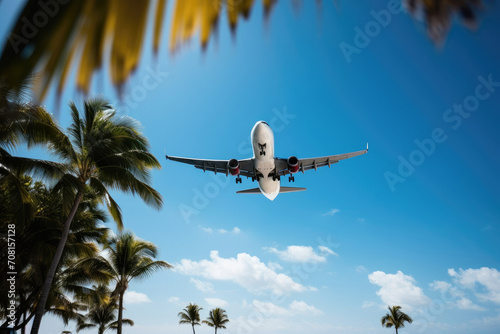 In the tropical skies, an airplane soars towards a paradise destination, capturing the essence of travel and relaxation.