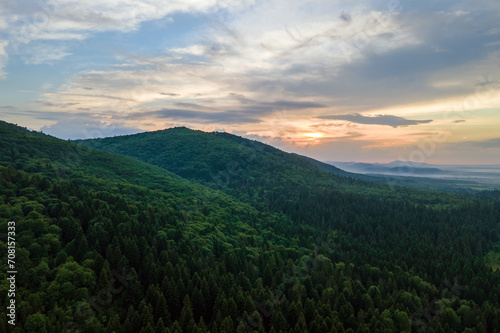 Aerial view of green pine forest with dark spruce trees covering mountain hills. Nothern woodland scenery from above © bilanol