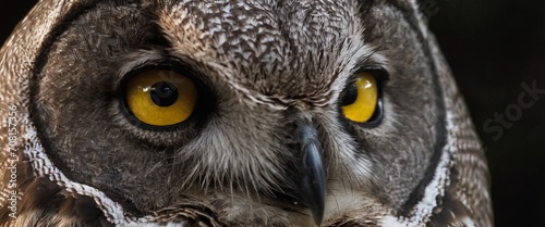 Banner portrait of an owl close up on a black background
