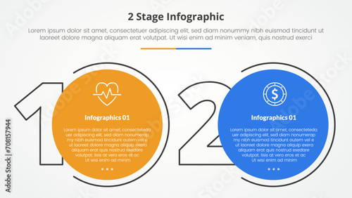 2 points stage template for comparison opposite infographic concept for slide presentation with big outline number and circle with flat style