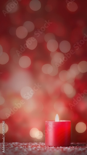 Soft Glow of Solitude  A Single Red Candle Against a Bokeh Background  Vertical Poster or Sign with Open Empty Copy Space for Text  