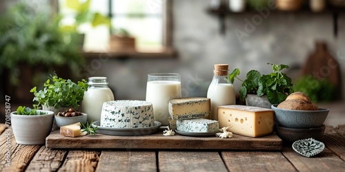A variety of cheeses and a bottle of milk against the background of a meadow with daisies in the golden light of sunset. Concept: organic healthy food for a diet menu. Dairy products photo