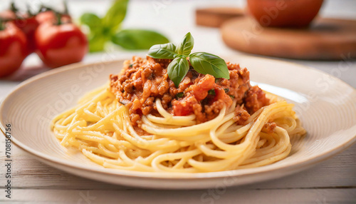 Spagetti with bolognese sauce, tomatoes, pasta and minced meat. Basil leaf on top photo