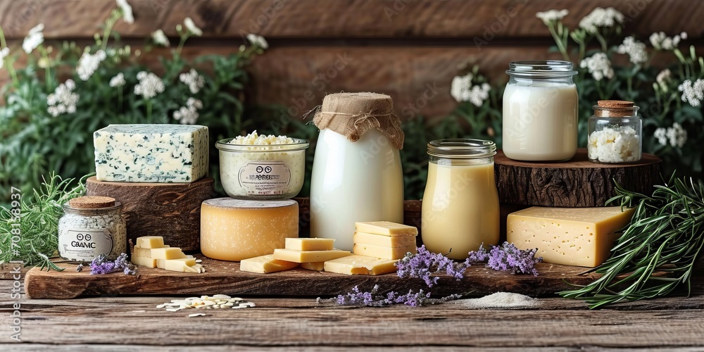 Fototapeta premium A variety of cheeses and a bottle of milk against the background of a meadow with daisies in the golden light of sunset. Concept: organic healthy food for a diet menu. Dairy products