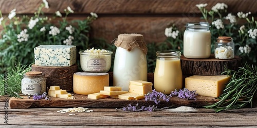 A variety of cheeses and a bottle of milk against the background of a meadow with daisies in the golden light of sunset. Concept: organic healthy food for a diet menu. Dairy products © Marynkka_muis