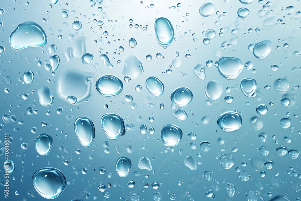 Water drops on glass, blue background.