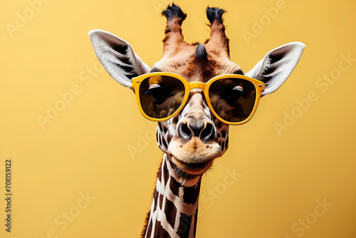 giraffe wearing glasses on a yellow background © HMMR