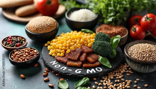 Still life with a variety of grains, vegetables and legumes around a stone sign with the words "Non-GMO" written on it. 