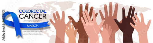  Colorectal Cancer Awareness Month. Long horizontal banner with Diverse hands, blue ribbon, map, and space for text. Vector flat illustration photo