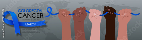 Colorectal Cancer Awareness Month. Diverse hands hold a blue ribbon. Long horizontal banner with space for text. Vector flat illustration photo